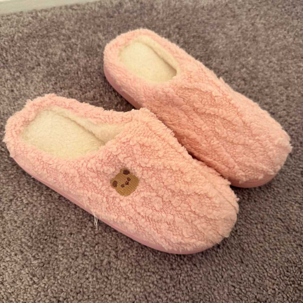 Cozy Pink Fuzzy Slippers with Bear Detail